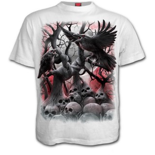 T-shirt homme gothique blanc avec corbeaux et arbres macabres