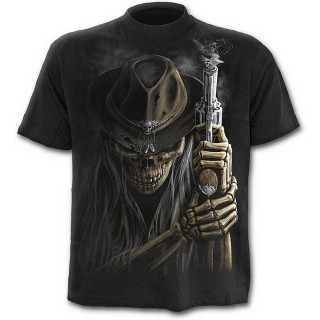 T-shirt homme noir  squelette cowboy avec rvolver fumant