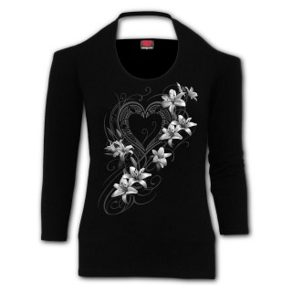 Top femme encolure dgage "coeur pur" avec fleurs blanches