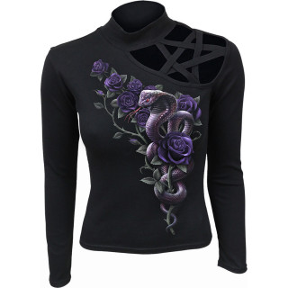 Top femme paule pentacle avec Serpent Cobra sur roses violettes