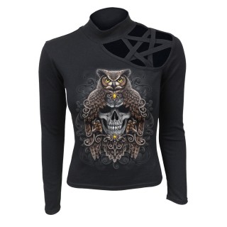 Top femme paule pentagramme  hibou sur crane