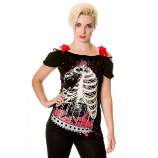 Top femme goth-rock Banned avec cage style squelette et corbeaux