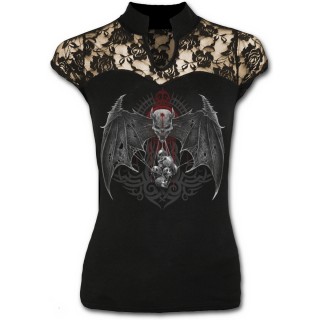 Top femme gothique  mancherons et dentelle de roses avec crane  ailes de chauve-souris