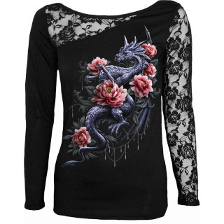 Top femme manche dentelle  dragon et fleurs de lotus