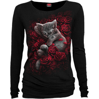 Top femme manches longues  chaton sur lit de roses rouges