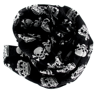 Trs grand foulard noir avec ttes de mort et couronnes