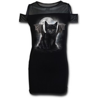 Tunique gothique noire  paules nues avec chat noir  ailes et dents de vampire