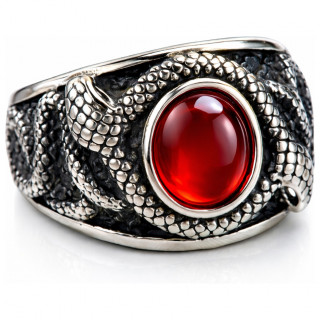 Bague homme acier � pierre rouge et serpents enlac�s