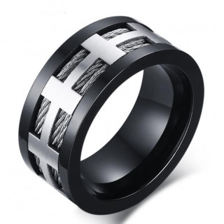 Bague homme noire en acier � pourtour de filins et grille