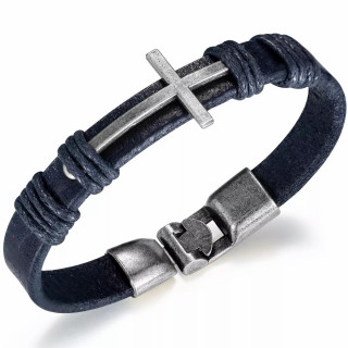 Bracelet homme similicuir � croix argent�e en m�tal vieilli
