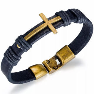 Bracelet homme similicuir � croix dor�e en m�tal vieilli