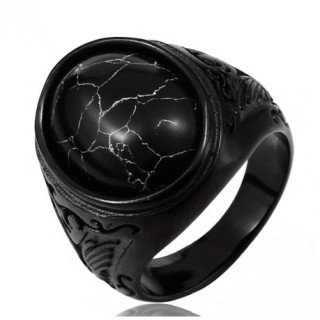 Chevali�re homme acier noire � pierre noir marbr�e