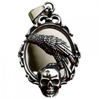 Pendentif gothique acier miroir � crane et corbeau