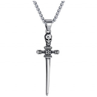 Pendentif homme �p�e gothique � pommeau crane en acier (chaine incluse)