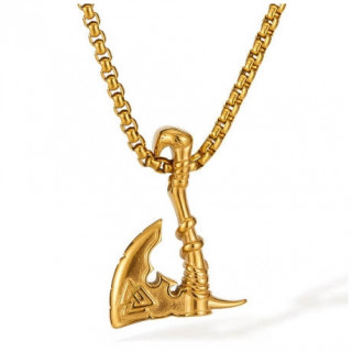 Pendentif homme hache viking dor�e en acier � Valknut (chaine incluse)